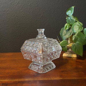Vintage Indiana Clear Glass Covered Candy Dish, Lidded Pedestal Peanut Dish, Jar with Lid, Mid Century Glass Side Table Dinnerware Decor