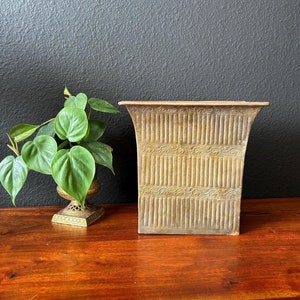 Vintage Ribbed Tall Narrow Square Brass Indoor Planter Pot, Brass Wedding Decor, Flower Vase, Rectangular Solid Brass Planter, Made in India