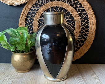 Vintage French Gloss Black Ceramic and Stainless Steel Trimmed Vase | MCM Home Decor | Art Deco | Gothic | Large Flower Vase Centerpiece