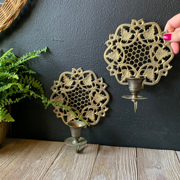 Vintage Ornate Brass Candlestick Scones | Set of Two | Wall Hanging Candleholders | Brass Wedding Decor Gift Ideas | Gold Gothic Wall Decor