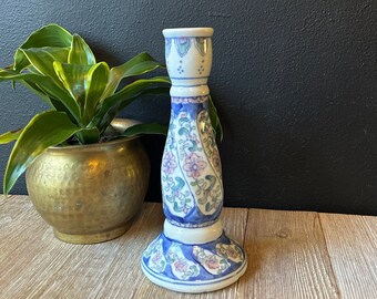 Vintage Ceramic Blue White Pink Floral Candlestick Holder, Chinoiserie Candle Holder, Porcelain Candleholder, Cottage Farmhouse Decor