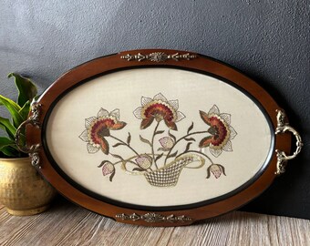 Vintage Oval Wooden Embroidered Serving Tray with Ornate Handles & Trim, Floral Embroidery Under Glass, Decorative Wood Vanity Perfume Tray