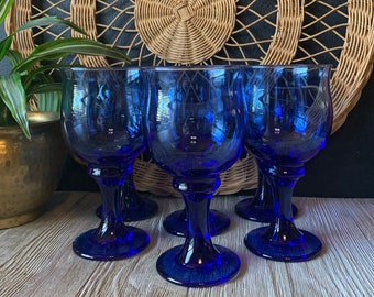 Vintage Blue Wine Glasses | Blue Footed Goblets | Vintage Barware | Wedding Glassware | Blue Cocktail Glasses | Vintage Stemware | Ice Tea