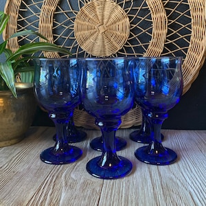 Vintage Blue Wine Glasses | Blue Footed Goblets | Vintage Barware | Wedding Glassware | Blue Cocktail Glasses | Vintage Stemware | Ice Tea