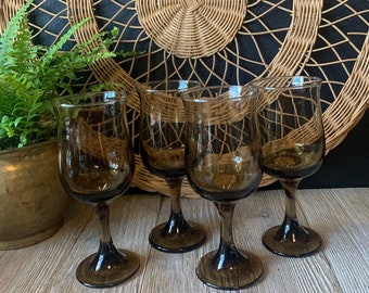 Vintage Tawny Brown Wine Glasses | Small Brown Wine Goblets | Set of Four 4 | Champagne Toasting Glasses | Wedding New Years | Gift Idea