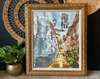 Vintage French Framed Landscape Artwork by Bernard Dufour | Ornate Gold Wood Frame | Mid-Century Oil Painting on Canvas | Gallery Wall Art
