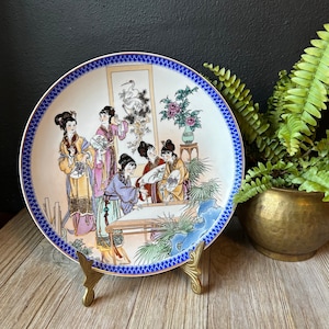 Vintage chinesische dekorative Sammler Wandplatte mit Geisha Mädchen, asiatische Keramik, blau weiße Dekorplatte, chinesische Geisha Wohnkultur