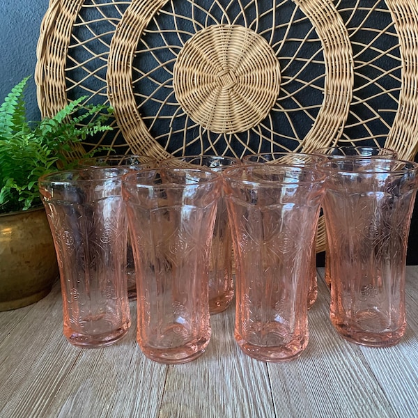 Vintage Pink Ornate Glass Water Tumblers | Set of Eight 8 | Highball Iced Tea Cocktail Juice Glasses | Tall Blush Peach Colored Glassware