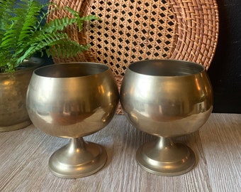 Vintage Pair Brass Goblets | Solid Brass Wine Glasses | Footed Brass Planters | Brass Pedestal Bowls | Set of Two | Vintage Brass Home Decor