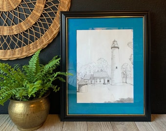 Vintage Framed Lighthouse Sketch | Original Signed Drawing Artwork | Coastal Decor | Gallery Wall Art | Seaside Colonial | Melissa S. Jones