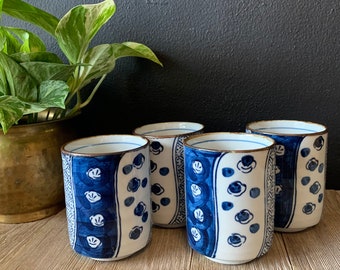 Vintage Japanese Blue Floral Ceramic Stoneware Juice Cups | Otagiri Style Stoneware | Set of Four | Vintage Drinkware | Ceramic Tea Cups