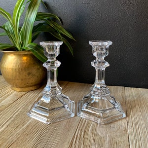 Vintage Crystal Glass Candlestick Holders | Set of Two | Glass Candle Centerpiece | Clear Candleholders | Wedding Decor | | Wedding Gift