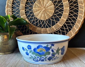 Vintage Chinese Ceramic Blue White Green Floral Planter Bowl, Asian Indoor Bowl for Plants, Decorative Ceramic Bowl, Large Porcelain Planter