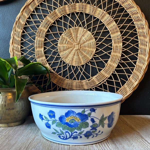 Vintage Chinese Ceramic Blue White Green Floral Planter Bowl, Asian Indoor Bowl for Plants, Decorative Ceramic Bowl, Large Porcelain Planter