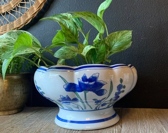 Vintage Blue and White Ceramic Pedestal Planter Bowl | Chineses Indoor Planter | Chinoiserie Decorative Pedestal Bowl for Floral Arranging