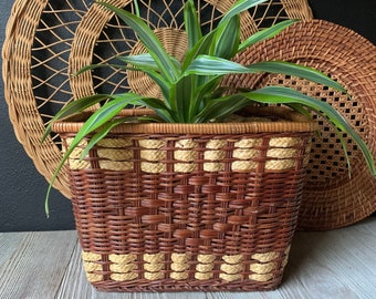 vintage Wicker Planter Basket | Panier en forme de rectangle | Chalet côtier | Jardinière en osier d’intérieur | Ferme rustique | Stockage en osier