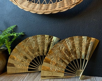 Vintage Brass Asian Phoenix Pair Wall Fans | Mid-Century | Solid Brass Wall Decor | Decorative Fans | Asian Decor | Ornate Gold Wall Decor