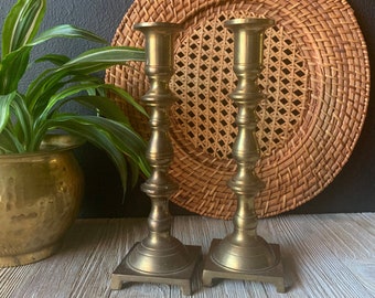 Vintage Brass Candle Holders, Gold Candlestick Pair, Brass Wedding Decor, Rustic Farmhouse Centerpiece, Mantel Decor, Gothic Home Accent