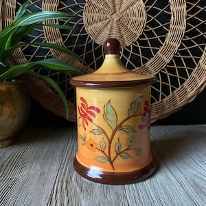 Vintage Floral Ceramic Canister with Lid, Rustic Farmhouse Kitchen Jar, Coffee Sugar Flour Storage, Country Cottage Kitchen Decor, Tea Jar