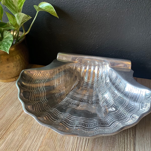 Vintage Silver Metal Ornate Shell Dish | Made in Mexico | Decorative Coastal Clam Shell Decor Tray | Beachy Home Interiors | Trinket Dish