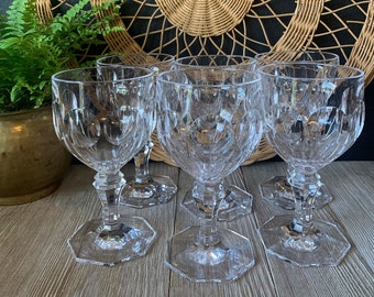 Vintage Heavy Clear Glass Wine Goblets | Footed Water Glasses | Set of Six | Wedding Brunch Glassware | Clear Stemware | Cocktail Barware