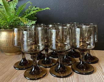 Vintage MCM Smokey Brown Wine Glasses | Set of Ten | Mid-Century Modern Barware | Cocktail Glasses | Brown Stemware | Wedding Toast Glasses