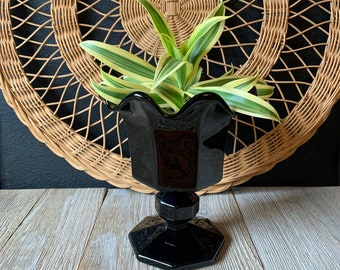 Vintage Black Glass Pedestal Vase | Art Deco Footed Flower Pot | Black Gothic Bold Home Decor | Black Floral Centerpiece | Halloween Decor