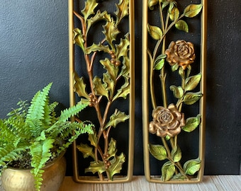 Vintage Dart Industries Brand Gold Floral Wall Plaques | Set of Two | MCM Mid Century Modern Home Decor | Hollywood Regency Interiors