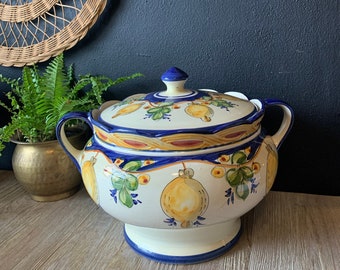 Vintage Ceramic Soup Tureen, Hand Painted Lemon Tree Detail, Made in Portugal, 1305/CE, Large Soup Pot Roast Serving Bowl with Lid & Handles