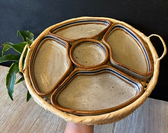 Vintage Tonala Stoneware Appetizer Serving Set in Basket Tray with Handles, Pottery Style Serving Tray Dinnerware, Ceramic Veggie Tray Dish