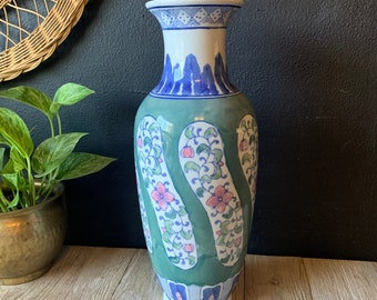 Vintage Ceramic Chinese Vase | Tall Porcelain Blue White Flower Vase | Vintage Asian Ceramics | Traditional Porcelain Mantelpiece Decor