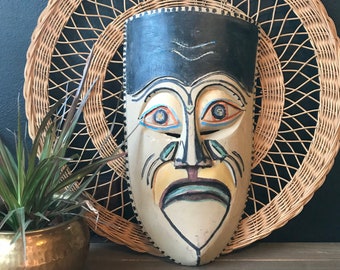 Vintage Hand Painted Carved Wooden Tribal Mask | Wall Hanging | Tribal Art | Unique Wall Art | Eclectic Boho Home | Gallery Wall | Rare Art