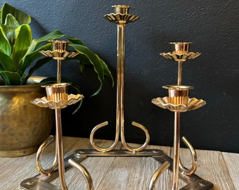 Vintage MCM Homco Brass Tiered Expandable 5 Candleholder, Adjustable Gold Tulip Candlestick Holder, Brass Candle Centerpiece, Mantelpiece