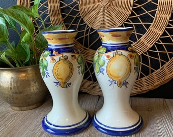 Vintage Pair Ceramic Candlestick Holders Hand-Painted in Portugal for Tierra Fina | Lemon and Floral Detail | Signed Pottery Stoneware Decor