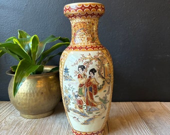 Vintage Asian Chinoiserie Flower Vase, Geisha Girl Satsuma Style Ceramic Decorative Vase, Japanese Cloisonné Fine Porcelain Pottery Bud Vase