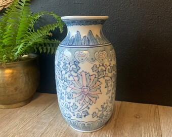 Vintage Ceramic Blue White Pink Chinoiserie Floral Vase | Asian Porcelain Flower Vase | Decorative Chinoiserie Decor Vase | Asian Ceramics