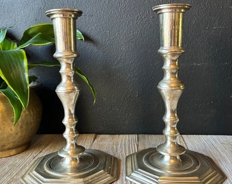Vintage Silver Candlestick Holders with Large Bases, Wedding Candle Holders, Gothic Candle Decor, Silver Holiday Centerpiece, Made in India