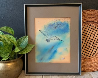 Vintage Framed Original Signed Watercolor of Seagulls | Coastal Artwork | Metal Frame | Gallery Wall Art | Minimalist Bird Lover Artwork