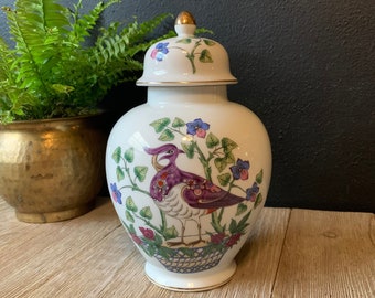 Vintage White Ginger Jar with Floral and Bird Detail | Made in Japan | Gold Trim | Decorative Jar with Lid | Japanese Lidded Ceramic Jar