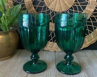 Vintage Libby Juniper Green Duratuff Gibraltar Water Goblets | Set of Two | Vintage Stemware Barware | Emerald Cocktail Toasting Glasses