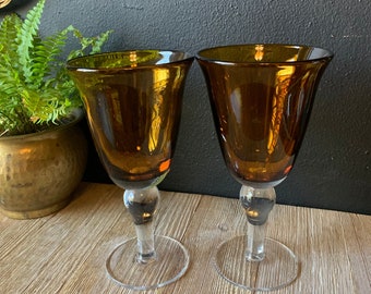 Vintage Pair Amber Glass Wine Goblets with Clear Stems | Vintage Stemware Barware | Heavy Water Juice Goblets | Wedding Toast Glasses |