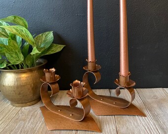Vintage Copper Candlestick Holders, Set of Two, Boho Farmhouse Copper Candle Holders, Rustic Wedding Centerpiece, Gothic Holiday Table Decor