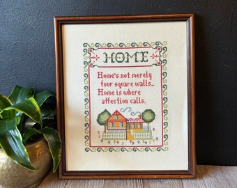 Vintage Framed Needlepoint "Home" Poem, Cross Stitch Framed Wall Art, Embroidered Wall Hanging, Home Sweet Home, Gift for Mom, Cottagecore
