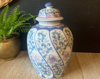 Vintage Blue White Ceramic Ginger Jar | Chinoiserie Ginger Jar | Floral Ceramic Jar with Lid | Temple Jar | Chinese Decorative Lidded Jar