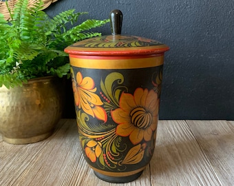Vintage Russian Khokhloma Canister with Lid, Hand Painted Folk Art Jar, USSR Gold Red Black Wood Container, Slavic Decorative Kitchen Decor