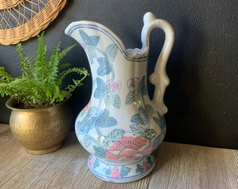 Vintage Blue and White Pink Floral Chinoiserie Ceramic Decorative Pitcher | Porcelain Water Jug | Vintage Planter | Asian Jug with Handle