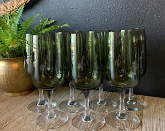 Vintage MCM Green Wine Glasses | Set of 7 | Clear Stems | Vintage Barware | Champagne Flutes | Wedding Cocktail Glasses | Vintage Stemware
