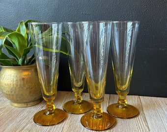 Vintage MCM Golden Ombre Champagne Flutes, Set of Four, Tall Champagne Glasses, Mid-Century Modern Stemware, Amber Footed Cocktail Glasses