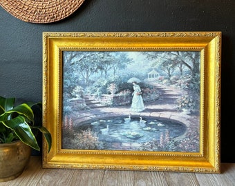 Vintage Victorian Style Art Print with Ornate Gold Wood Frame, Gallery Wall Art, Antique Painting of Woman in Hat Feeding Ducks on a Pond