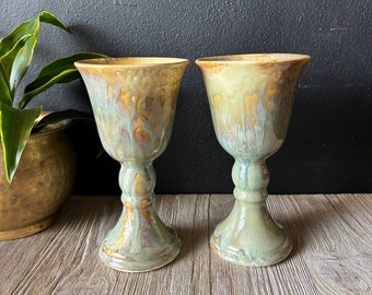 Vintage Ceramic Drip Glaze Water Goblets, Studio Pottery Wine Glasses, Set of Two, Pair Ceramic Chalice, Moss Green Stoneware Juice Goblets